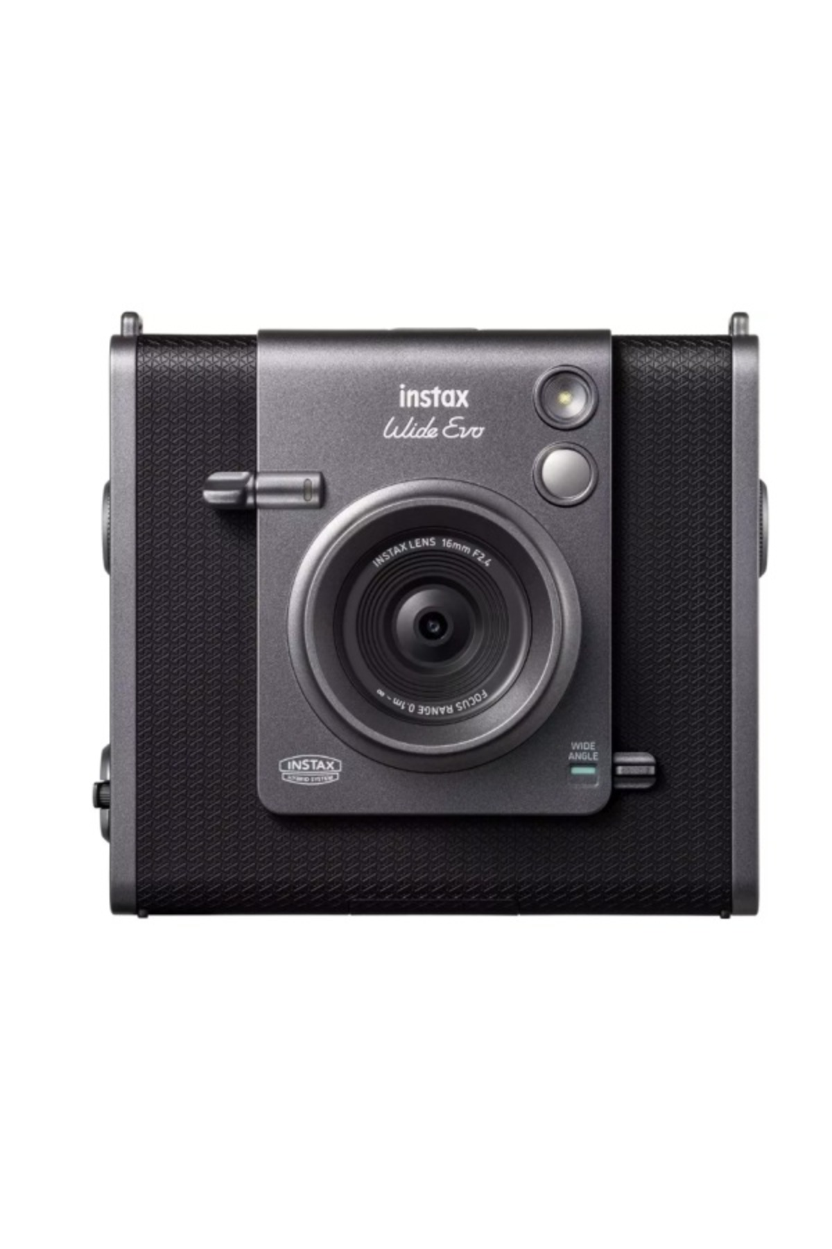 Siyah dokulu gövdeye sahip gri Instax Wide Evo anlık kameranın önden görünümü.