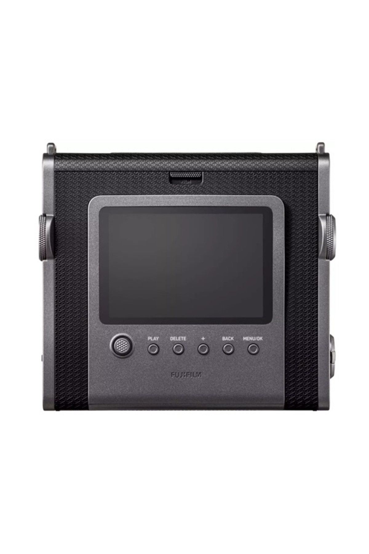Ortada LCD ekran ve gri panel üzerinde kontrol tuşları bulunan siyah bir Fujifilm anlık kameranın arka görünümü.