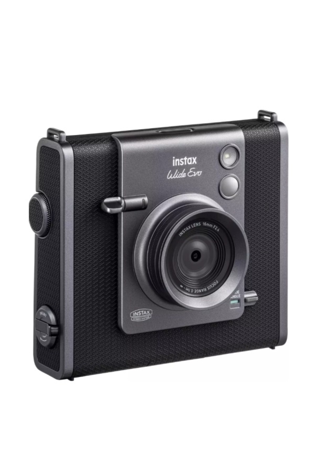 Beyaz arka plan üzerinde merkez lensli siyah ve gri Instax Wide Evo hibrit anlık kamera.