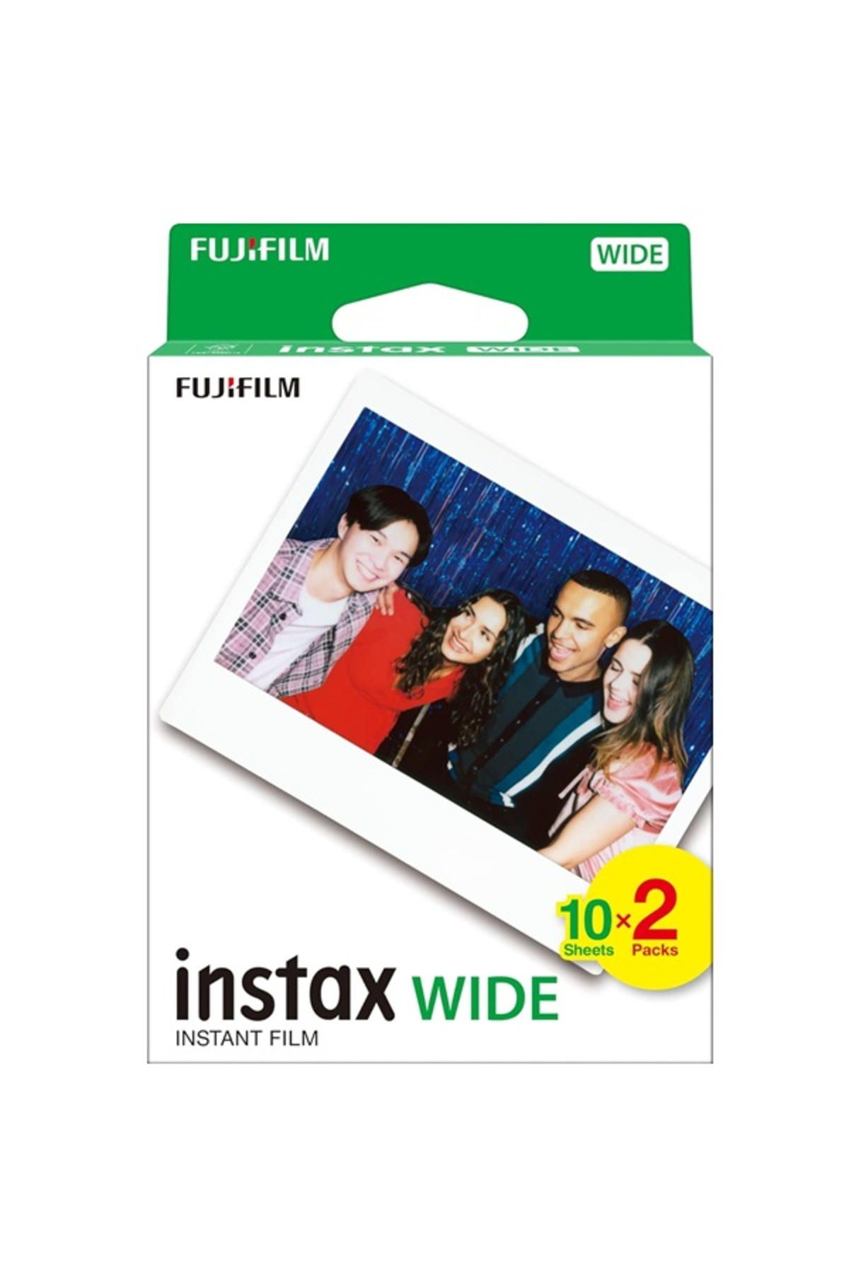 Mavi parıltılı fon önünde gülümseyen dört arkadaşın fotoğrafının yer aldığı Fujifilm Instax Wide film kutusu.
