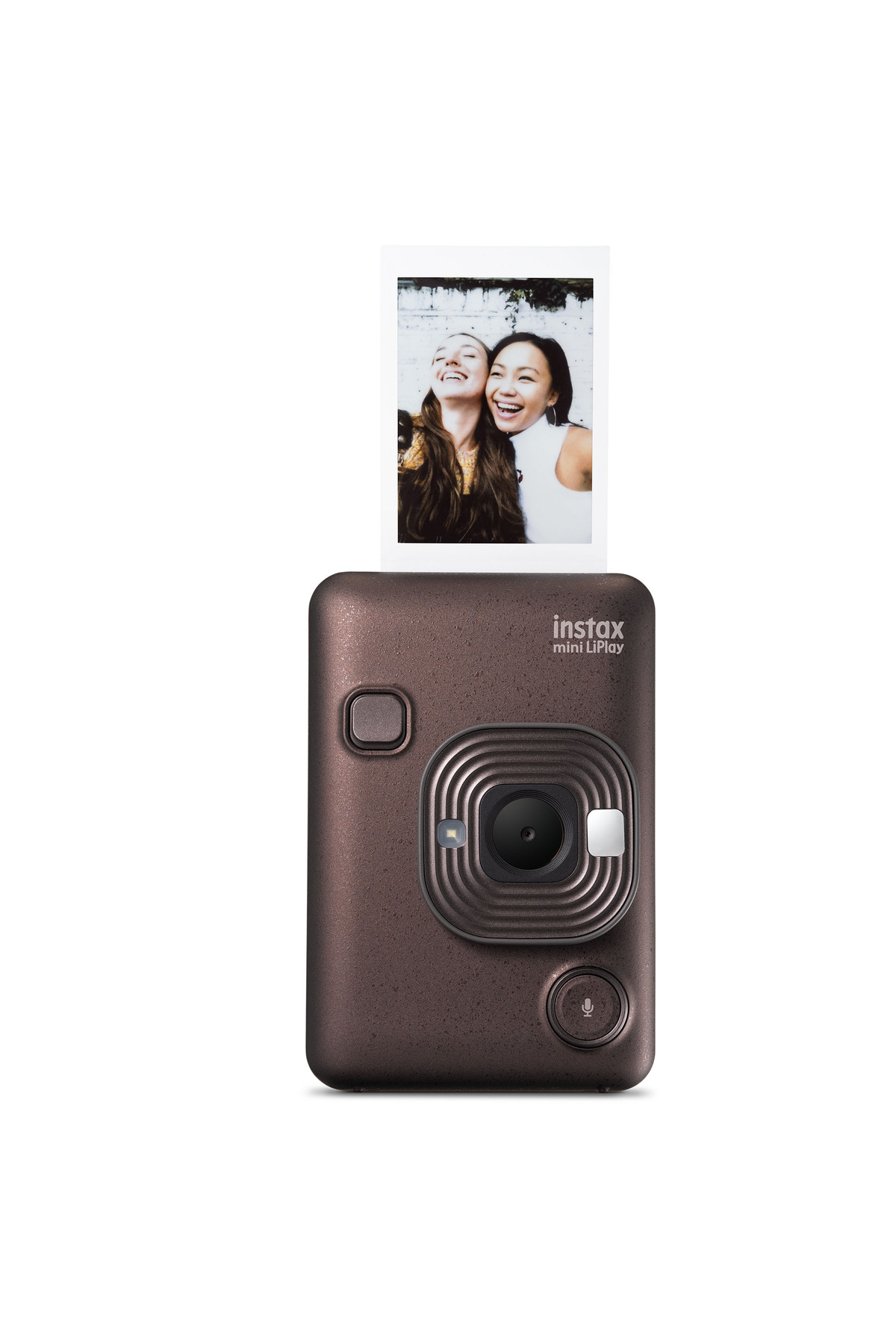 Üstünden iki gülen kadının basılı fotoğrafı çıkan kahverengi Instax Mini LiPlay anlık kamera.