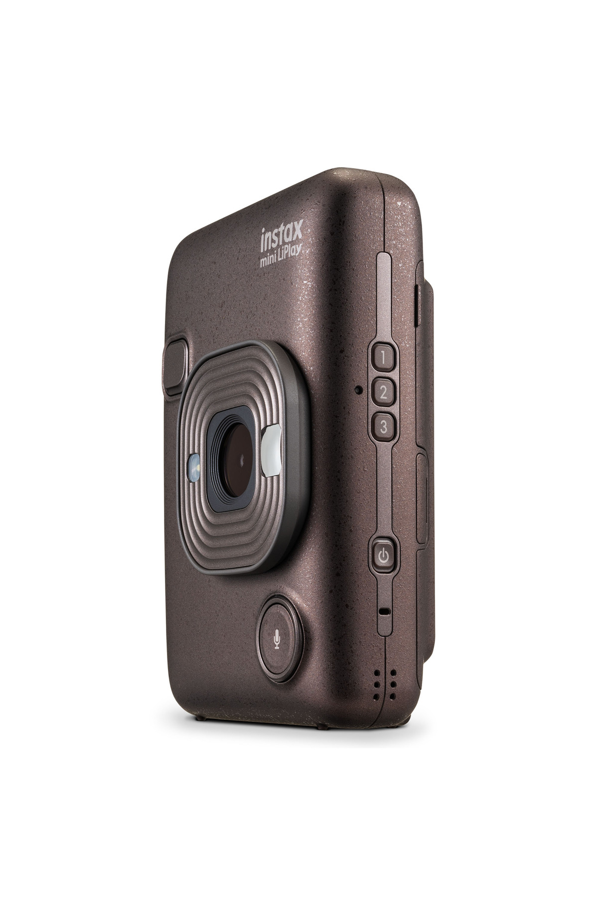 Beyaz arka planda duran bronz renkli Instax mini LiPlay kamera, lensi ve yan düğmeleriyle.