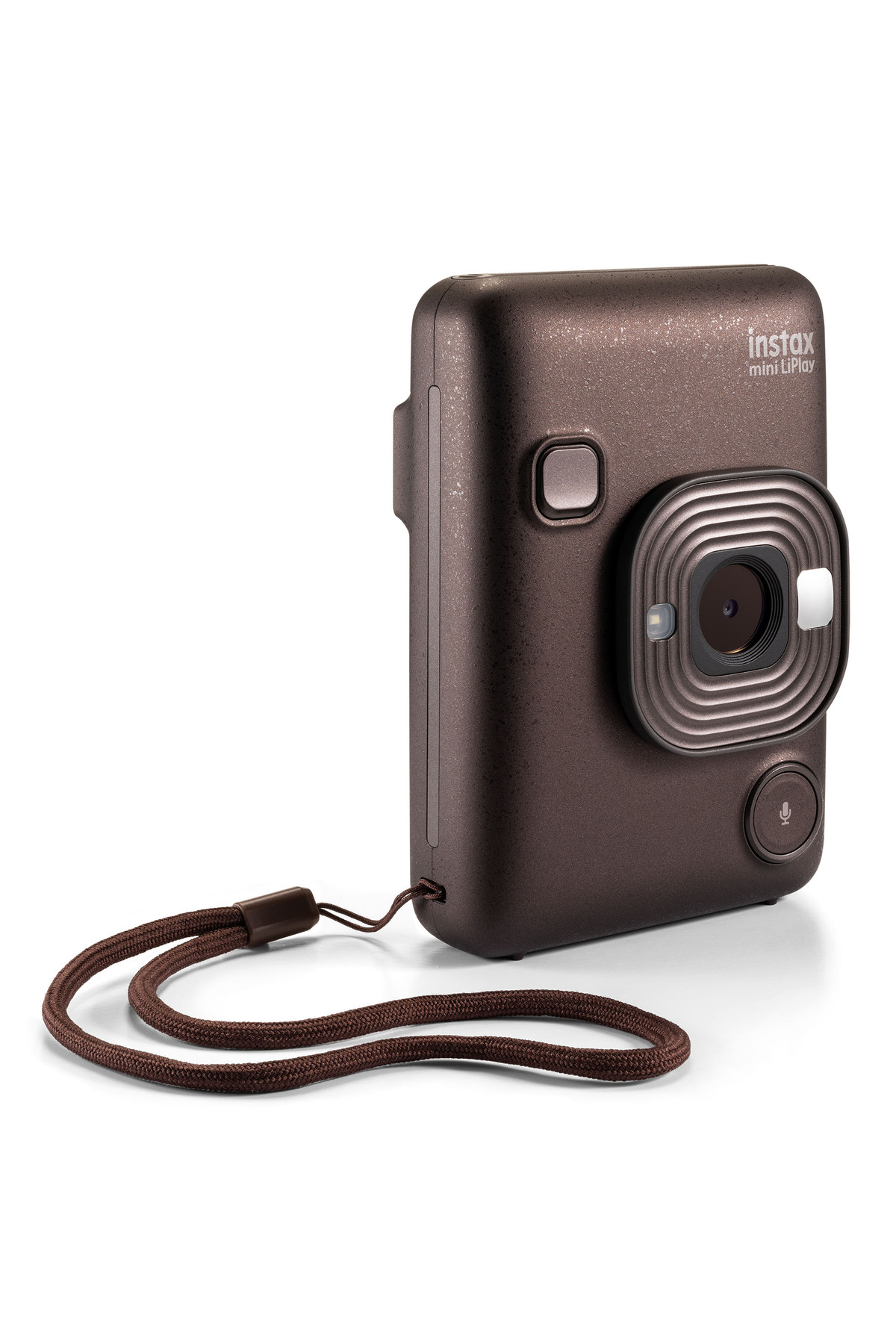 Beyaz arka planda askılı kahverengi Instax Mini LiPlay anlık kamera.