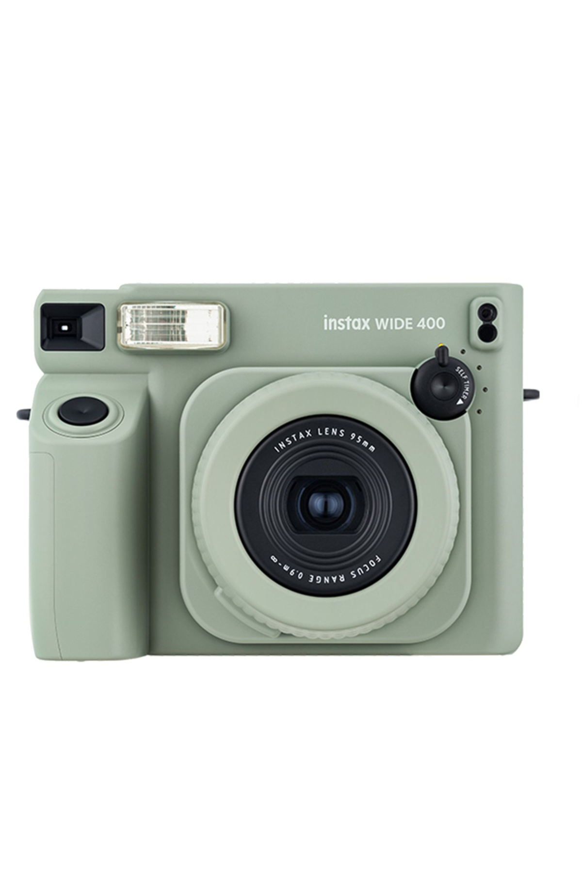 Beyaz arka planda ortalanmış lensli ve dahili flaşlı mat açık yeşil renkli Instax Wide 400 anlık kamera.