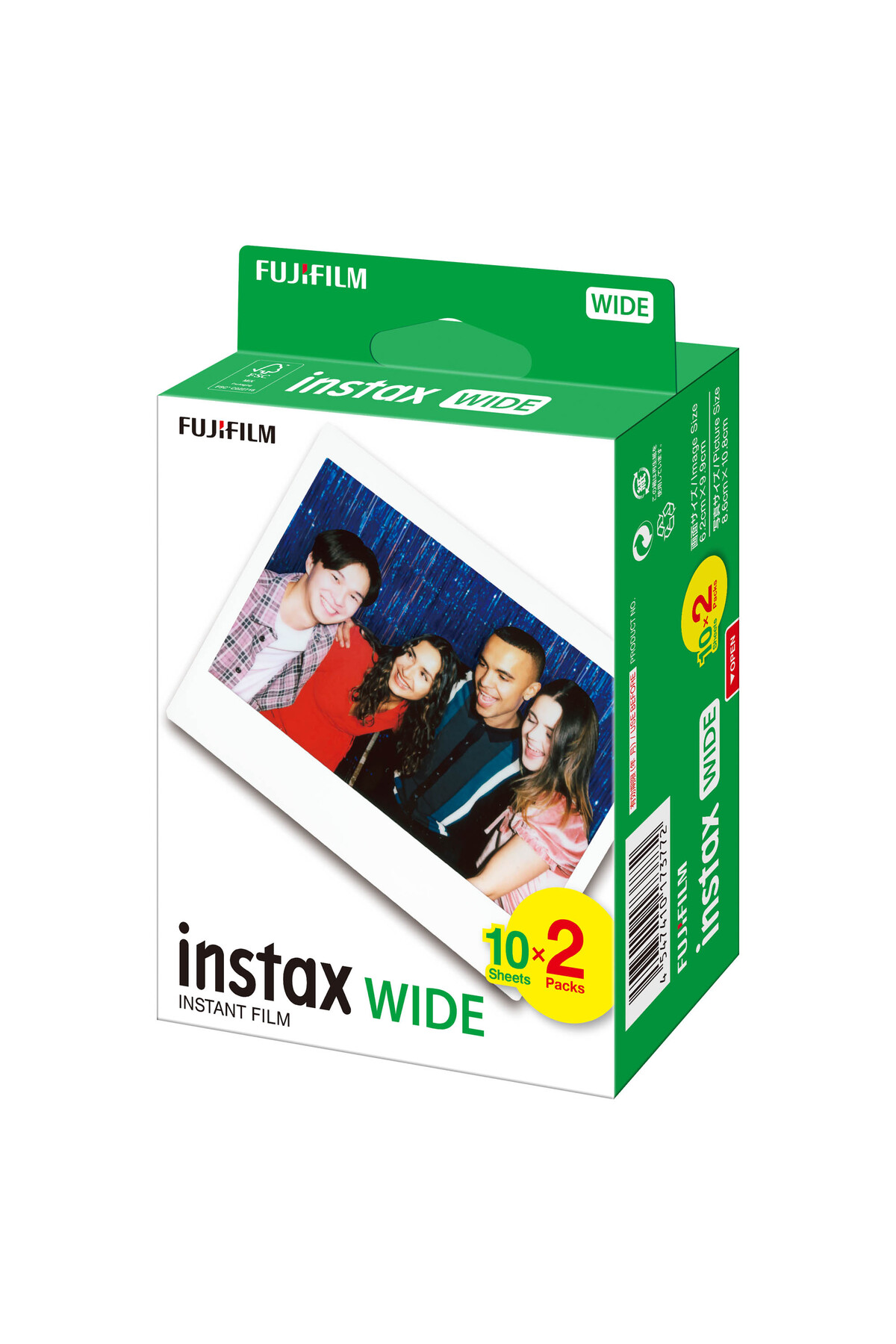 10x2 Sheets Packs yazısı ve dört gencin fotorafı olan yeşil beyaz Fujifilm Instax Wide film kutusu.