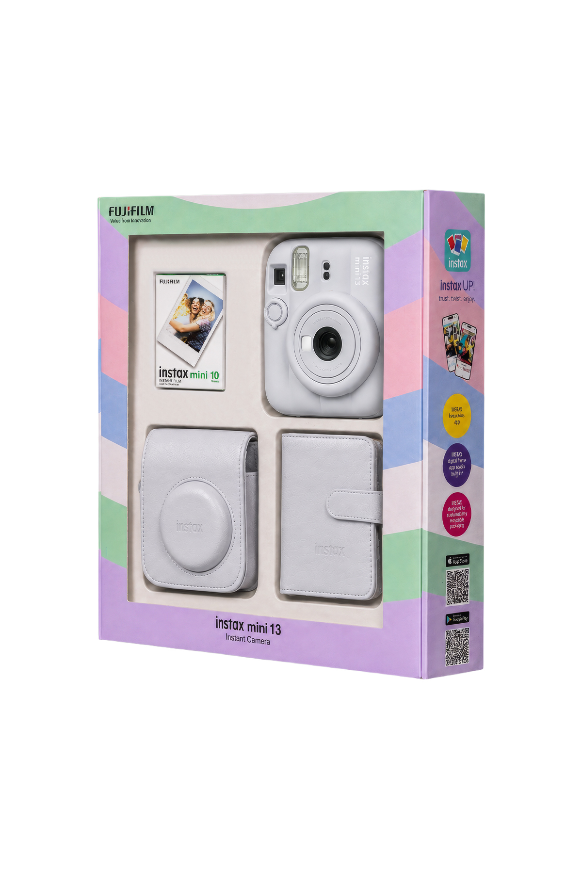 Pastel renkli bir kutu, beyaz bir Fujifilm Instax mini 13 kamera, film paketi, kılıf ve fotoğraf albümü içerir.