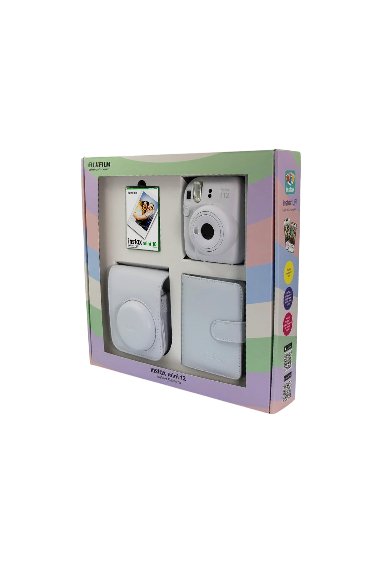 Beyaz Instax Mini 12 kamera, film, kılıf ve fotoÄraf albÃ¼mÃ¼ iÃ§eren pastel renkli kutu.