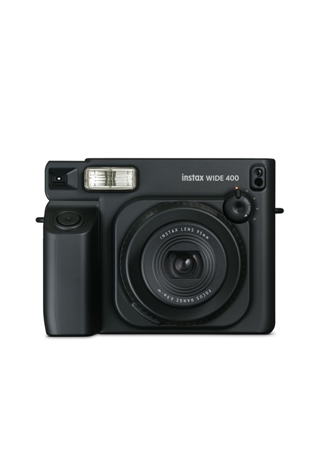 Büyük lensli ve dahili flaşlı siyah bir Instax Wide 400 anlık kamera.