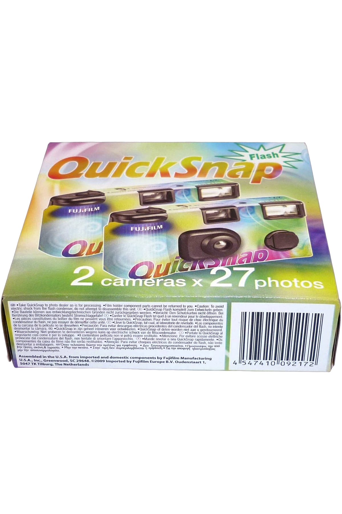 Beyaz arka planda iki kamera, metin ve barkod gösteren bir Fujifilm QuickSnap flaş kamera kutusu.