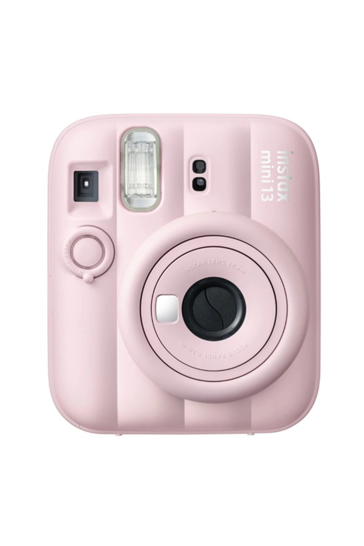 Beyaz arka planda lensi, flaşı ve vizörü olan pastel pembe bir Instax Mini 12 anlık kamera.