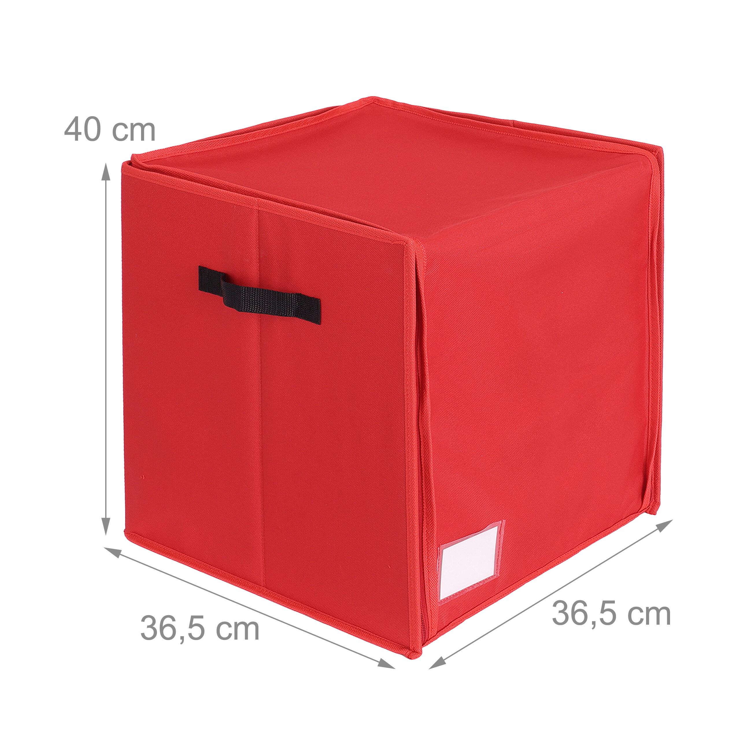 Rote Faltbox mit Maßen: 36,5 cm breit, 36,5 cm tief, 40 cm hoch.