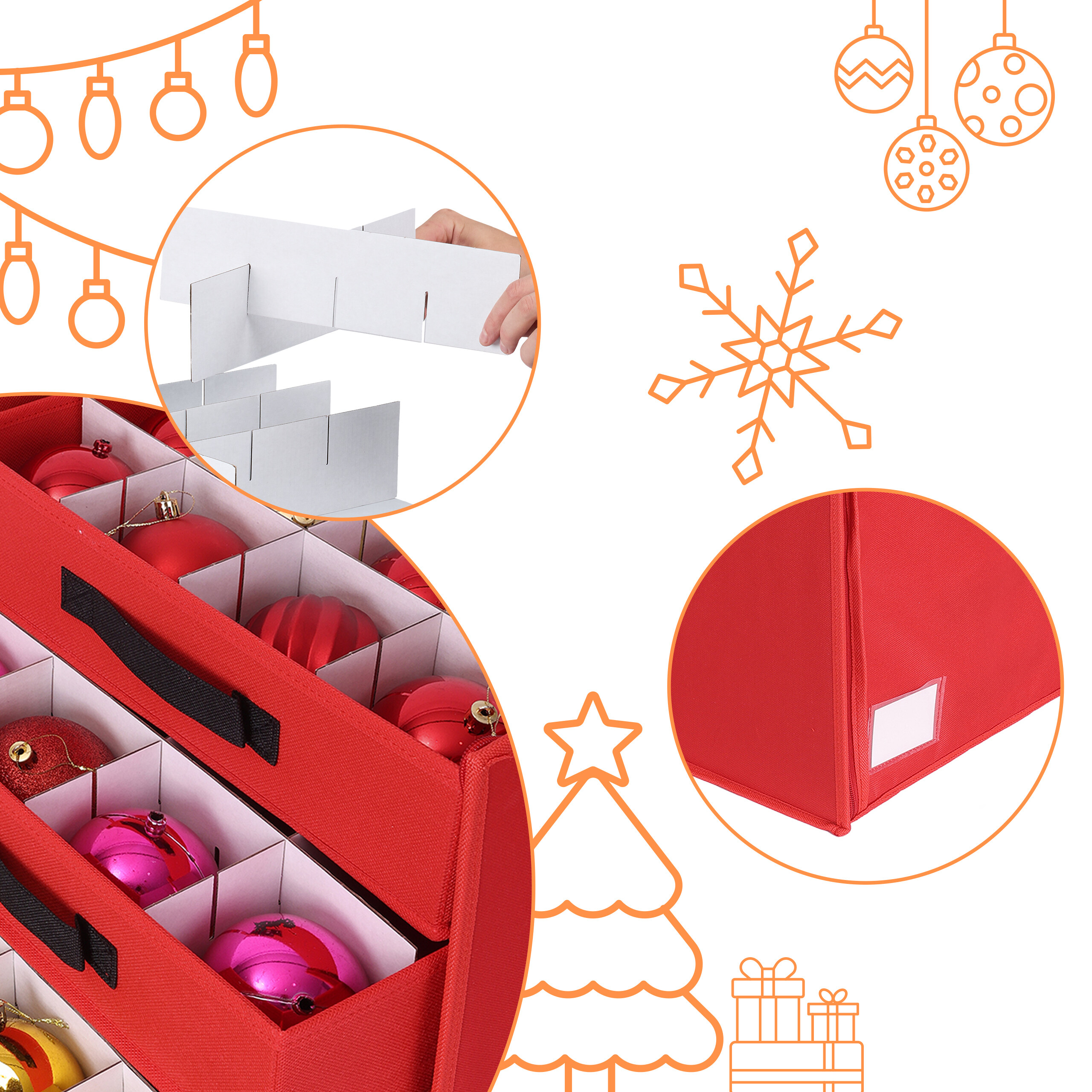 Rote Weihnachts-Aufbewahrungsbox mit Trennwänden gefüllt mit bunten Kugeln.