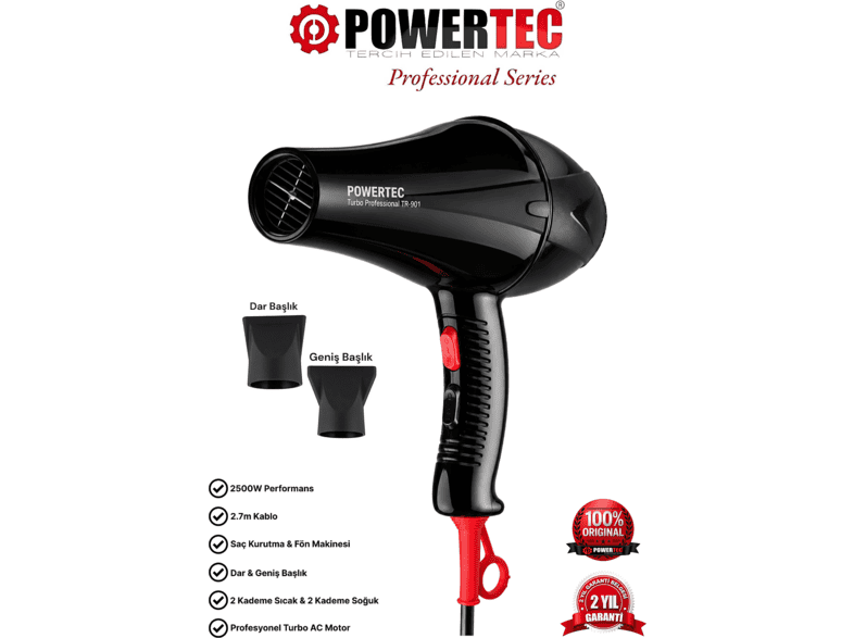 POWERTEC TR-901 Profesyonel 1900 W Saç Kurutma Makinesi Siyah