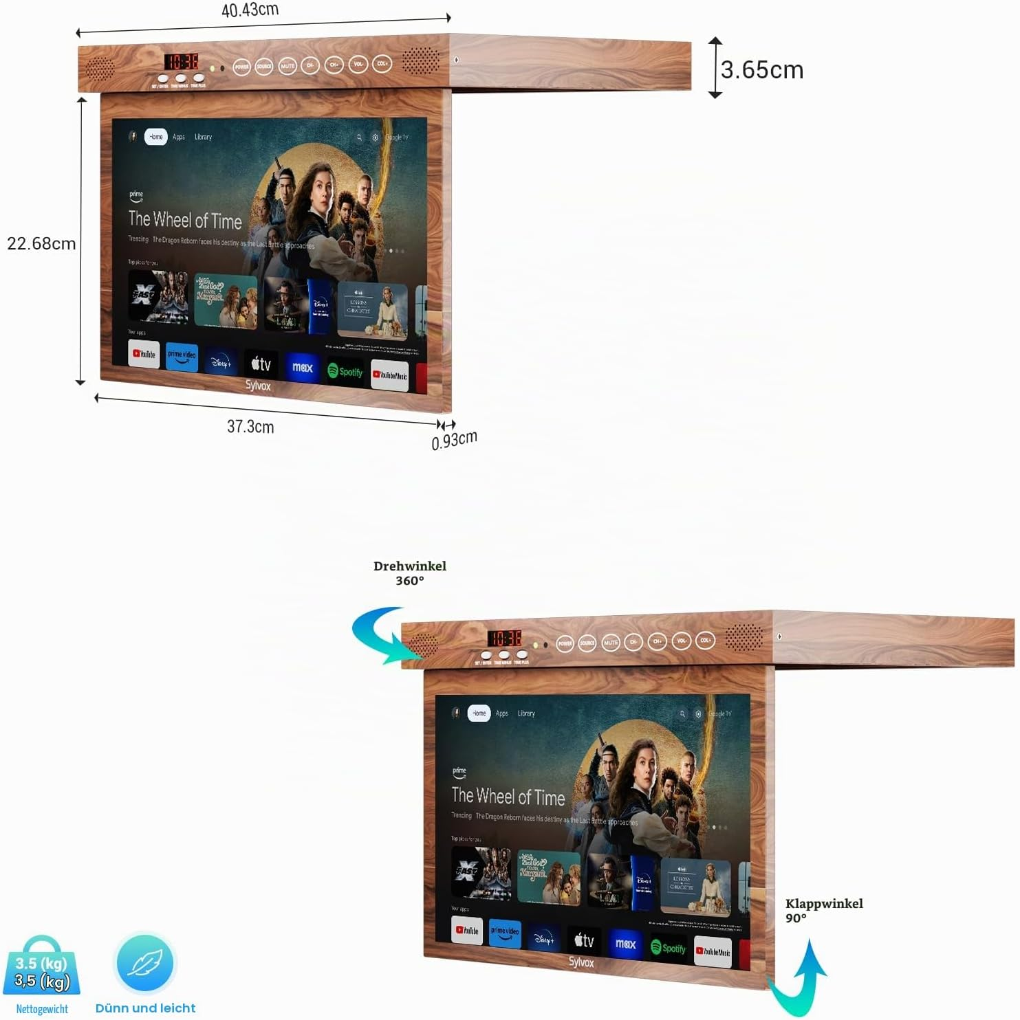 Televisor bajo mueble con vetas de madera, dimensiones, giro de 360 grados e inclinación.