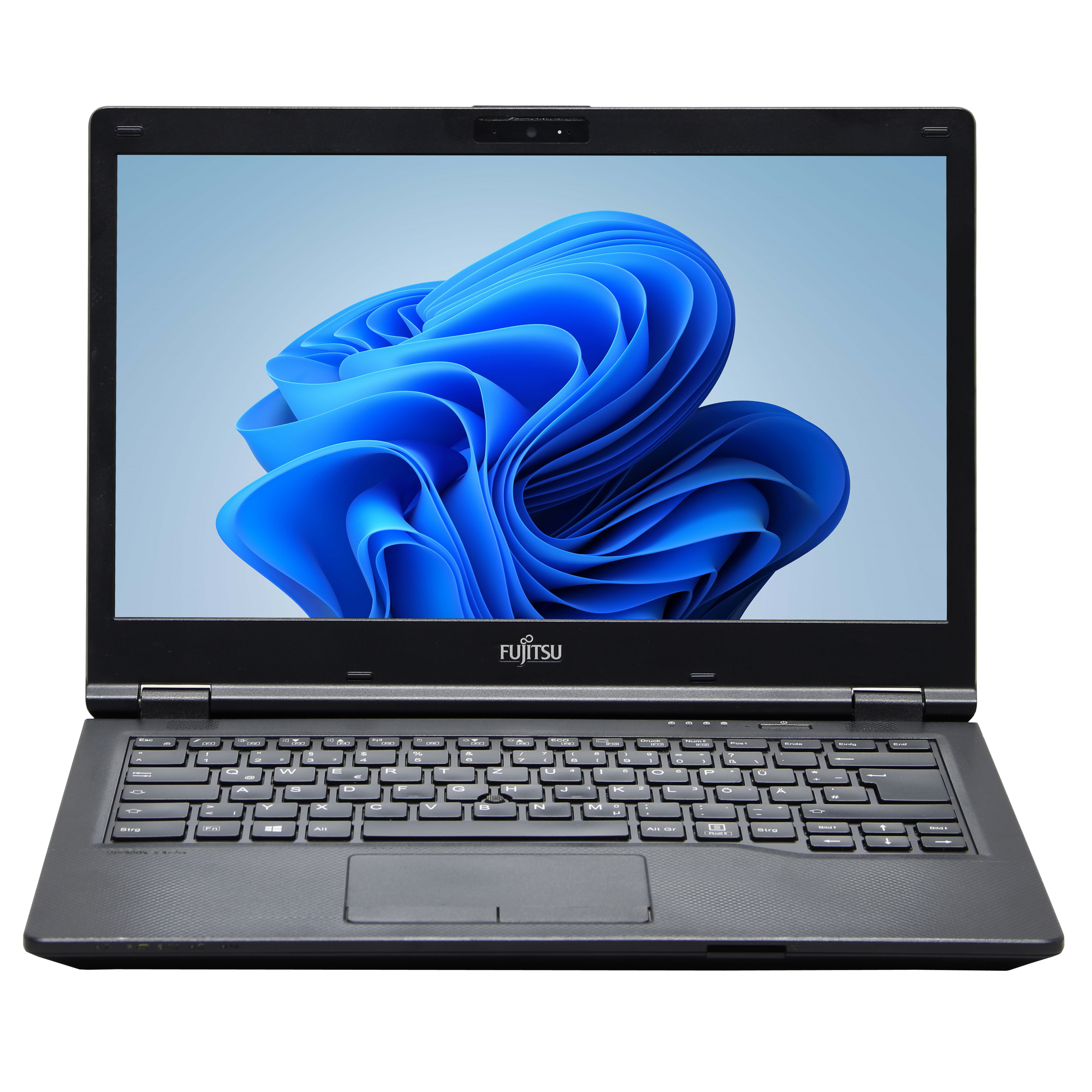 Ein offener Fujitsu Laptop mit einem blauen Wellenmuster auf dem Bildschirm und schwarzer Tastatur auf weißem Grund.