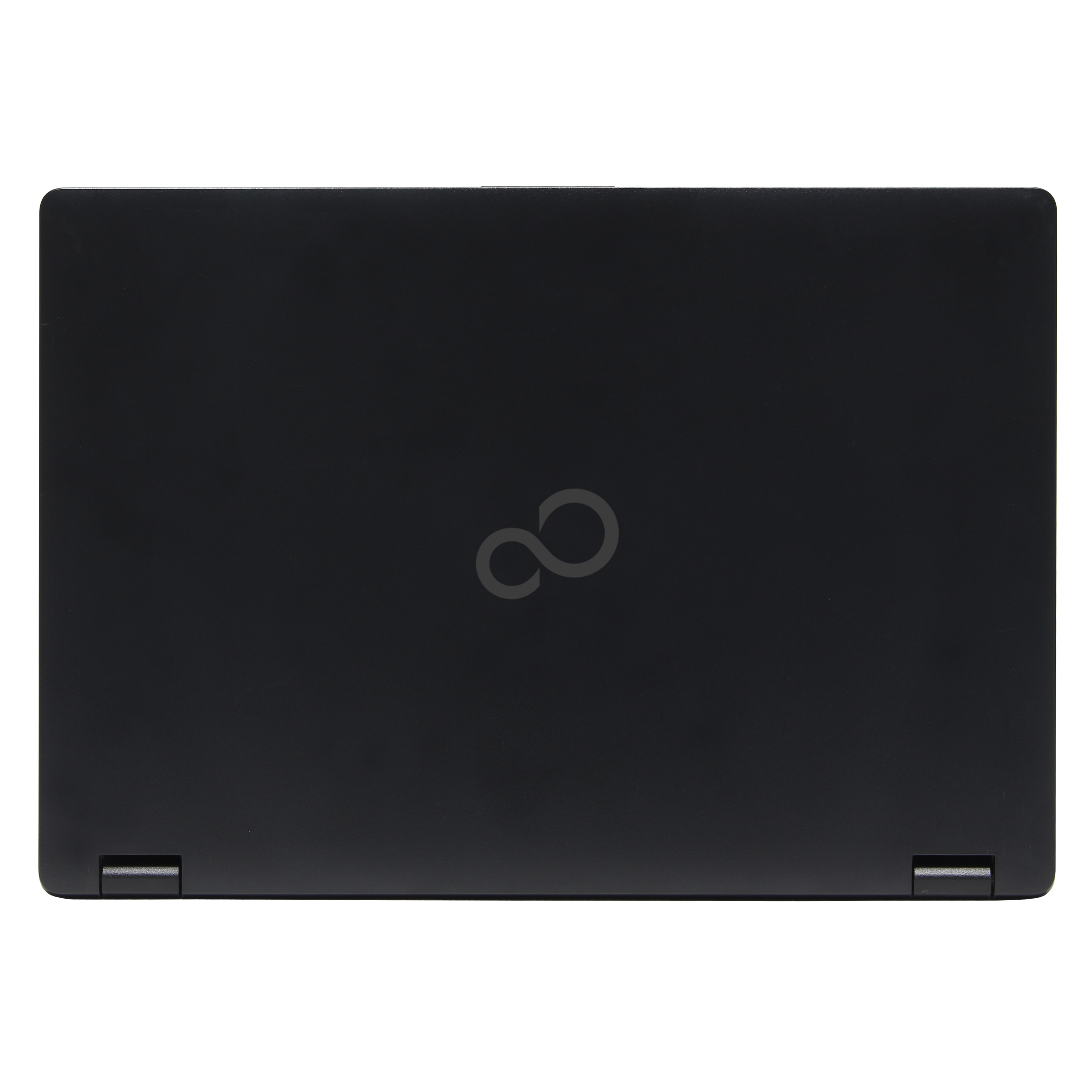 Ein geschlossener schwarzer Laptop auf weißem Hintergrund mit einem Infinity-Symbol in der Mitte.