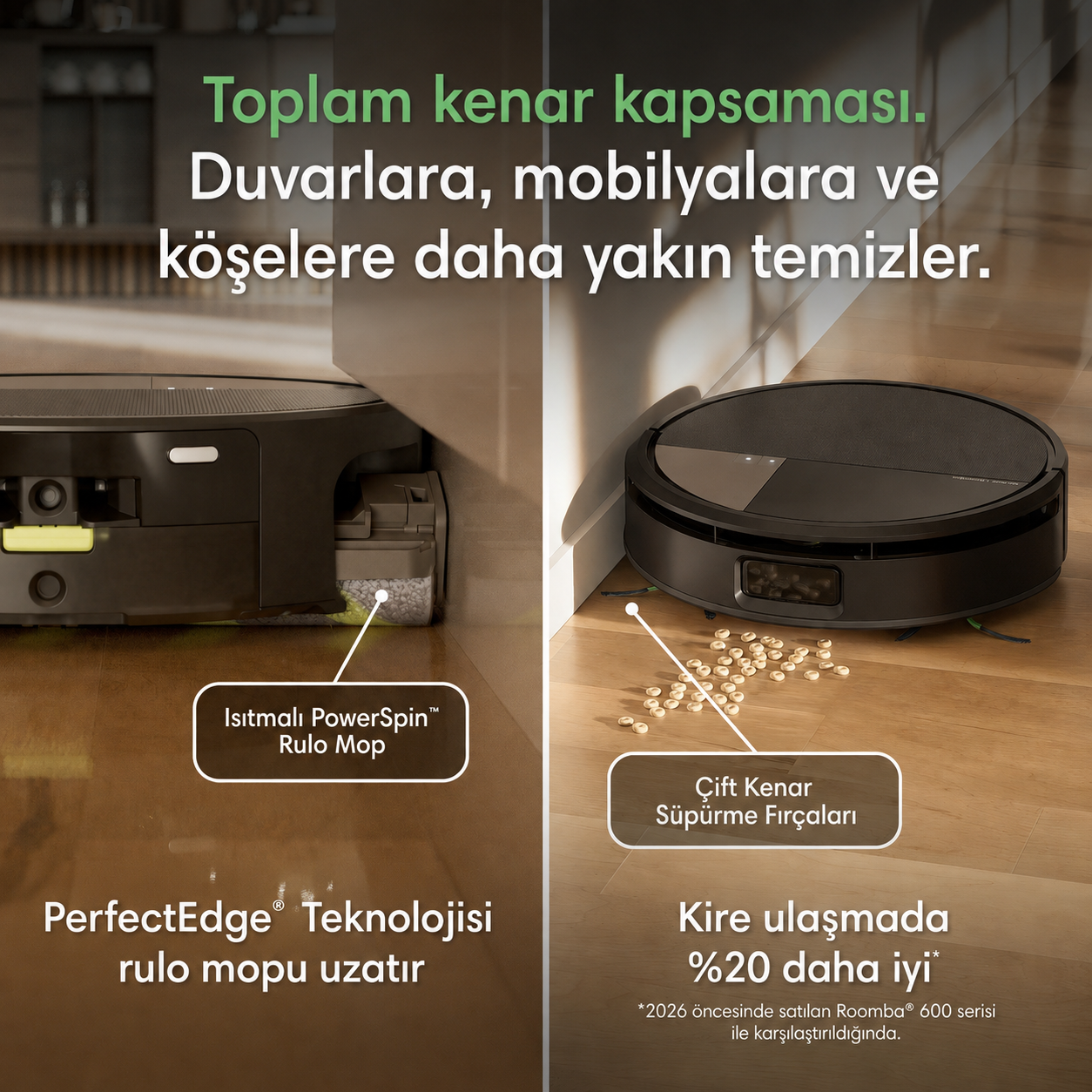 Bir robot süpürge duvar kenarında temizlik yapıyor ve köşe yakınındaki kalıntıları süpürüyor.