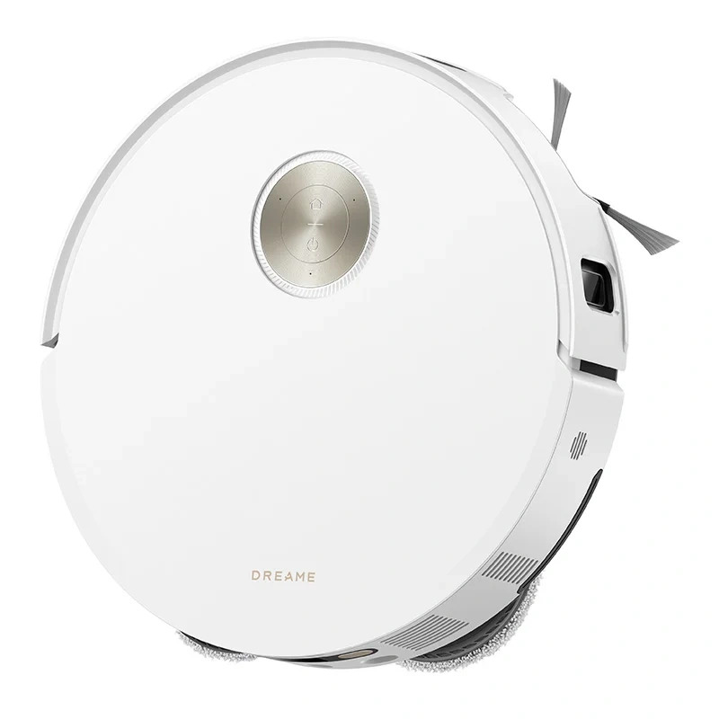 Robot aspirapolvere bianco con pulsante di controllo circolare dorato e logo Dreame su sfondo chiaro.