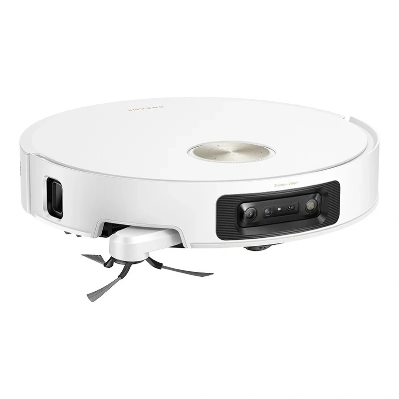 Un robot aspirapolvere bianco con fotocamera stereo frontale e spazzola laterale rotante su sfondo bianco.