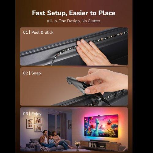 Tres pasos para instalar tiras LED: pegar, encajar y disfrutar.