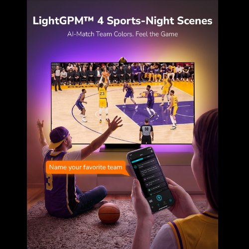 Personas viendo baloncesto en la tele con luces inteligentes de los colores del equipo y usando una app.