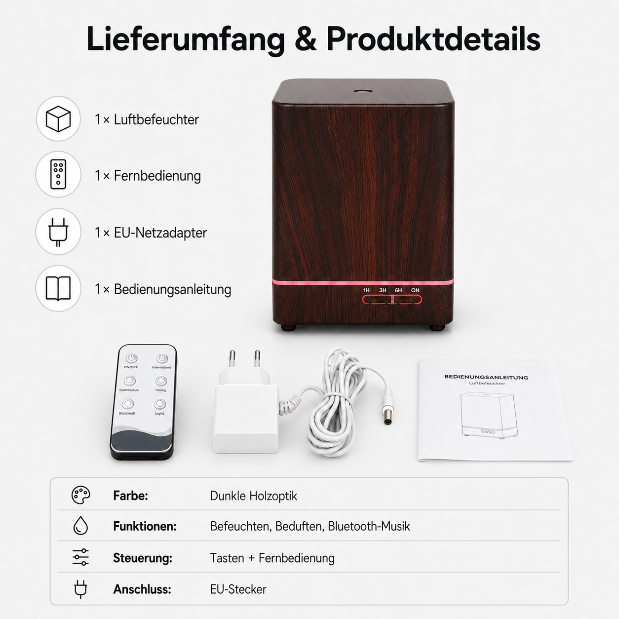 Holzoptik-Luftbefeuchter mit Zubehör, Fernbedienung, Netzadapter und Anleitung.