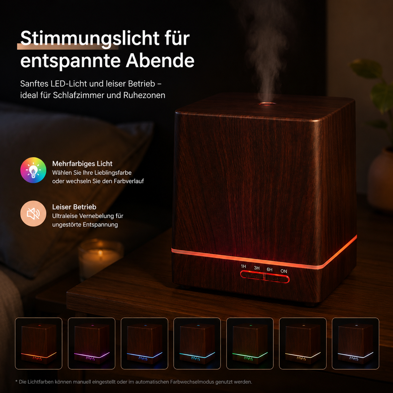 Holzmaserung Diffusor mit Dampf und Beleuchtung auf einem Holztisch, im Hintergrund ein Bett und Text.