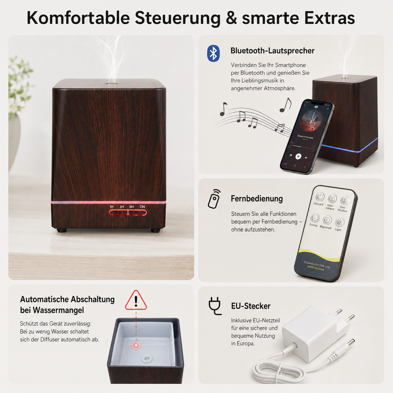 Ein Holzmaserung-Aromadiffusor zeigt Funktionen wie Bluetooth, Fernbedienung, Abschaltung und EU-Stecker.