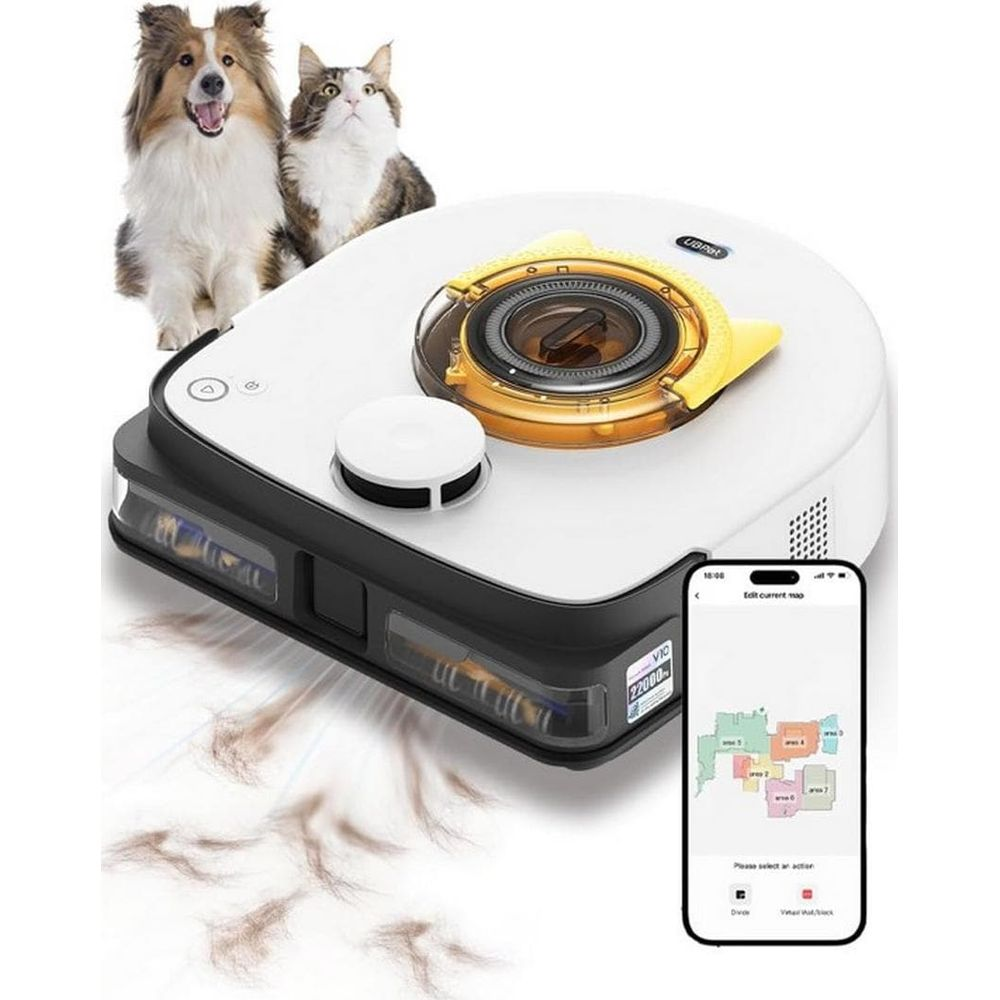 Un robot aspirapolvere bianco pulisce i peli di animali con cane, gatto e app mobile.