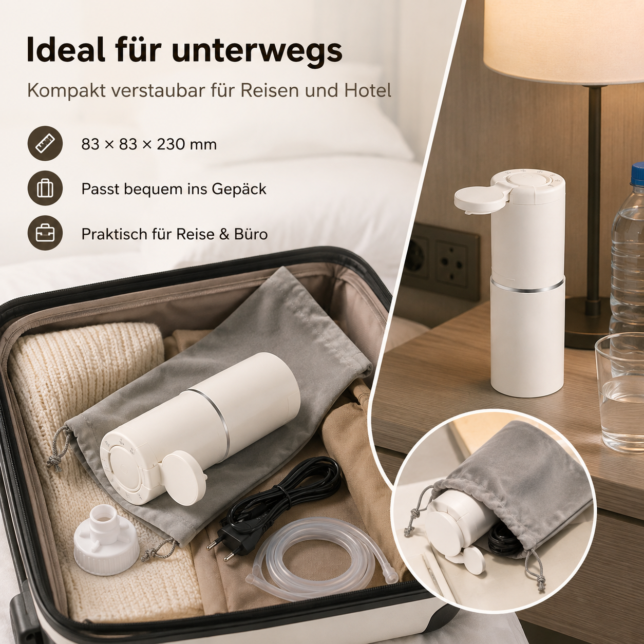 Tragbares weißes Gerät mit Zubehör in einem Koffer verpackt und auf einem Nachttisch stehend.