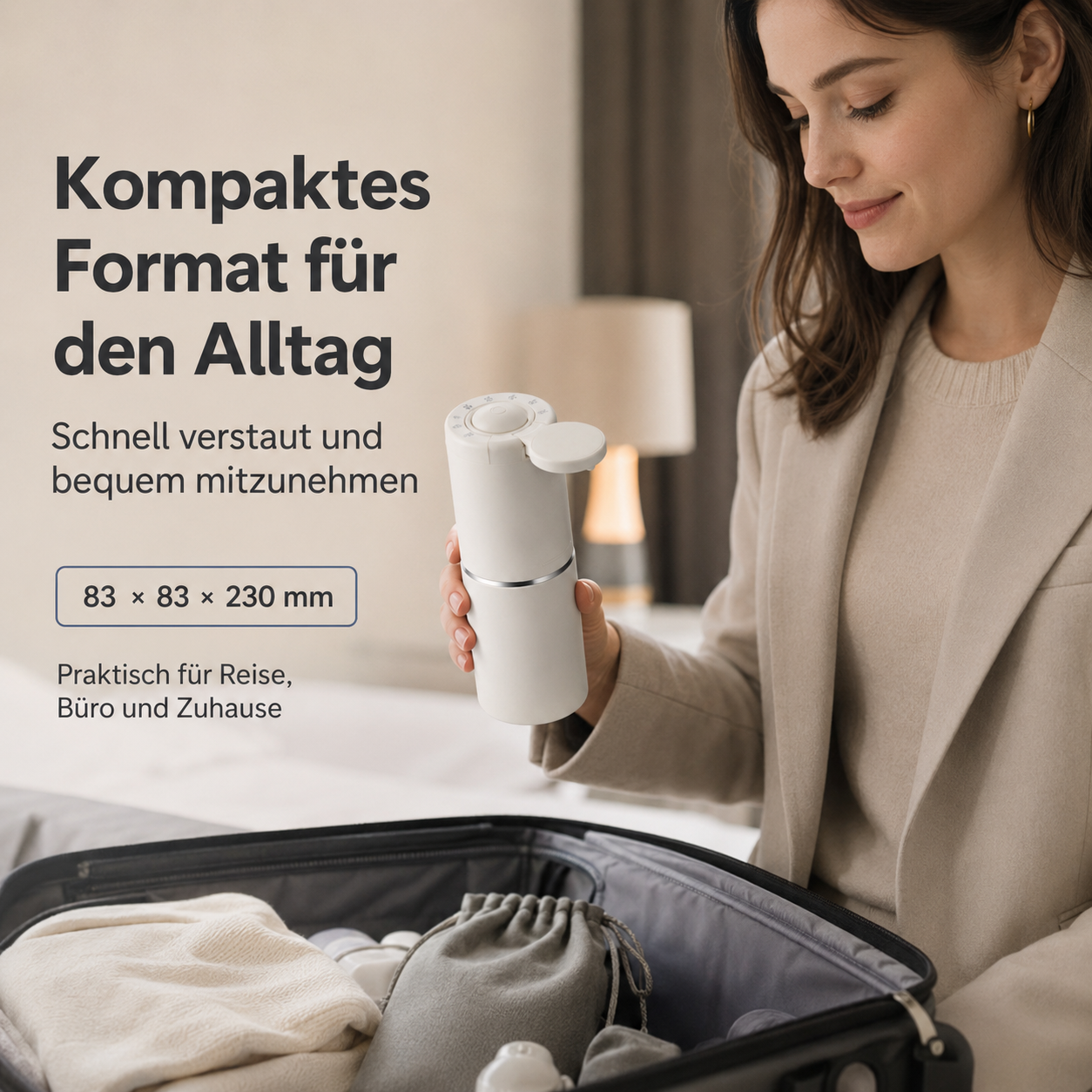 Eine Frau packt einen weißen, kompakten Gegenstand in einen Koffer. Deutscher Text im Bild.
