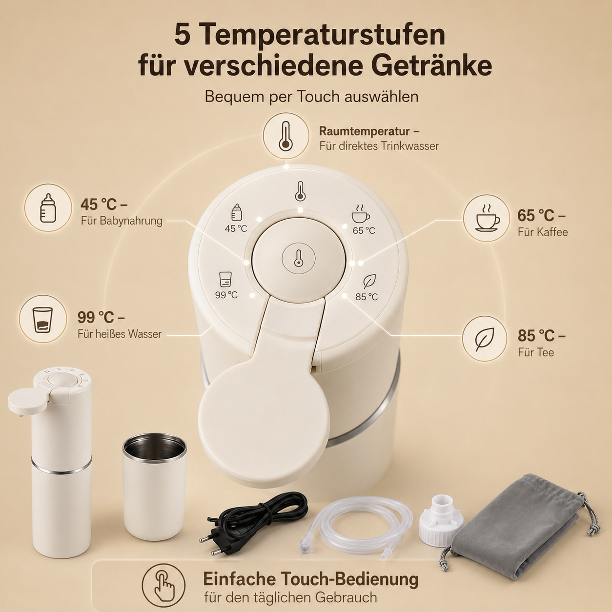 Ein weißes Wasserkocher-Gerät mit 5 Temperatureinstellungen, Touch-Bedienung und Zubehör auf hellem Hintergrund.