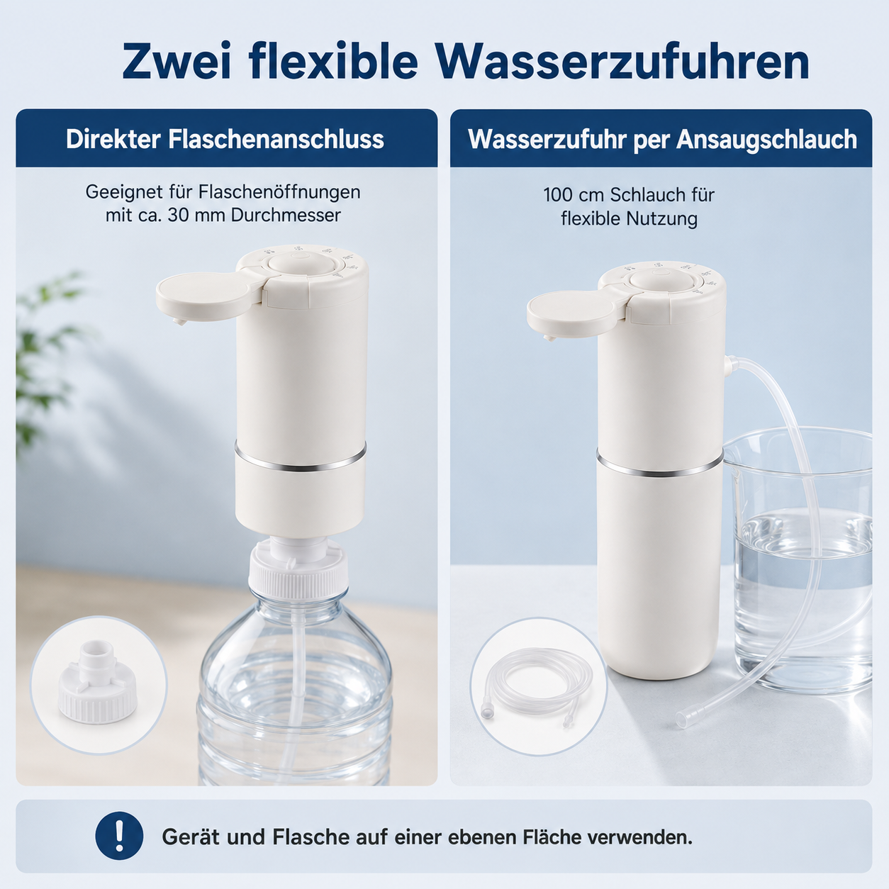 Zwei flexible Wasserzufuhr-Methoden für den elektrischen Wasserspender.
