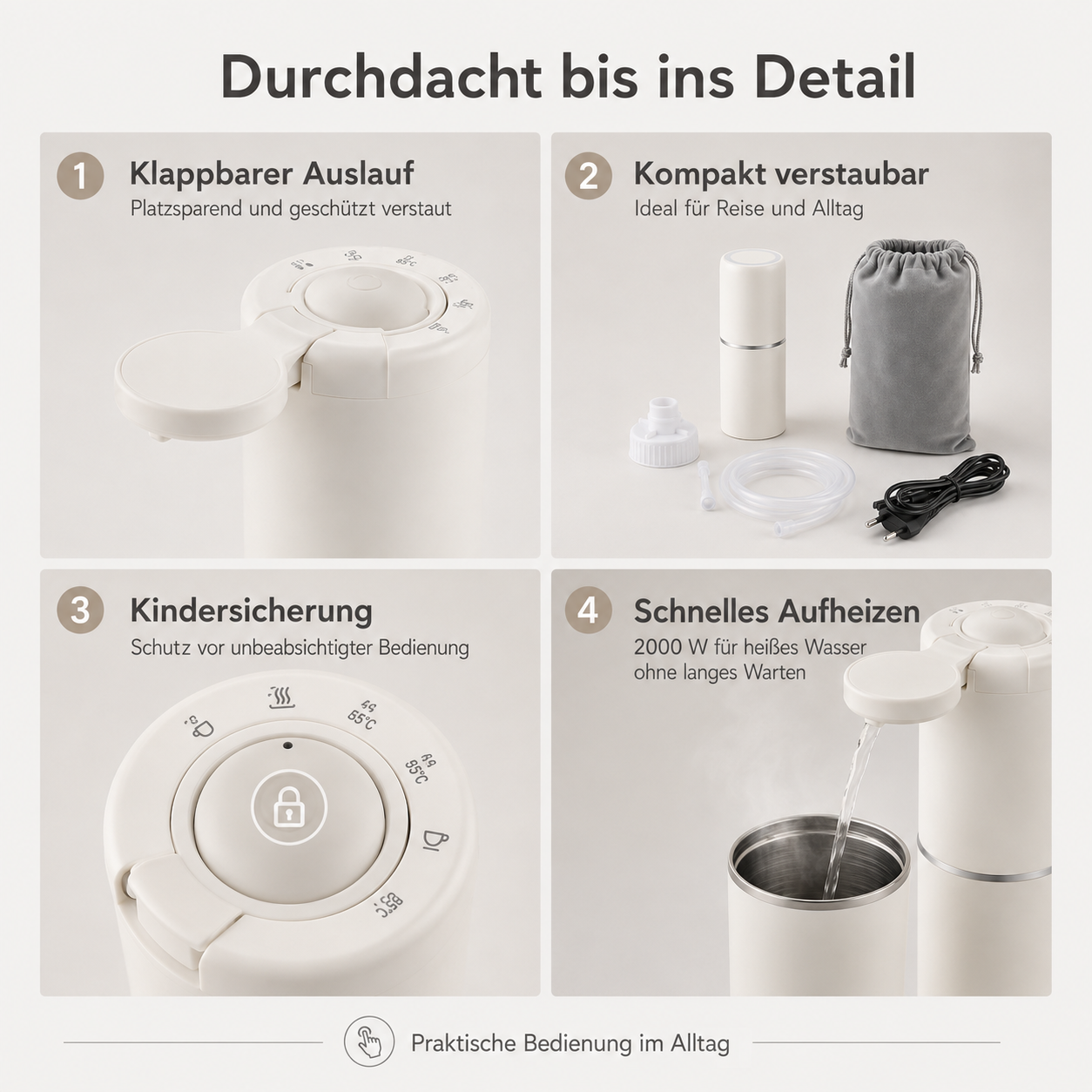 Vier Bilder zeigen die Funktionen eines tragbaren Wasserkochers mit Auslauf, Zubehör, Kindersicherung und Erhitzen.