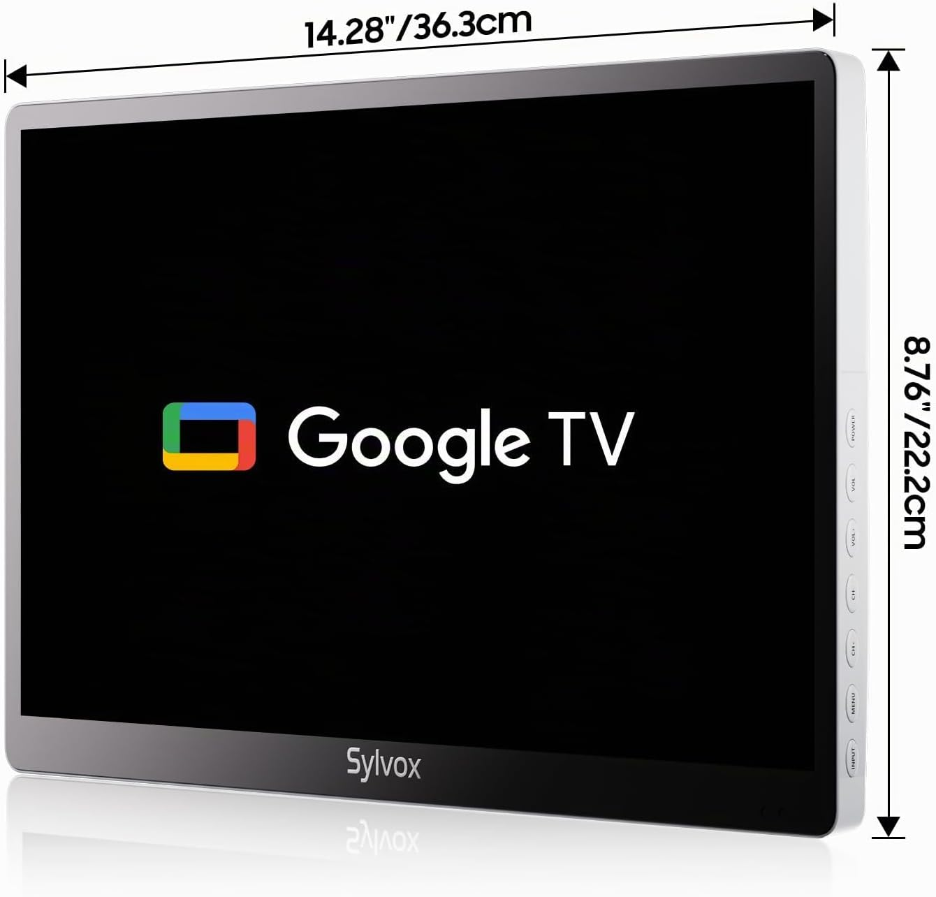 Un televisor Google TV Sylvox con dimensiones: ancho 14.28 pulgadas, alto 8.76 pulgadas.