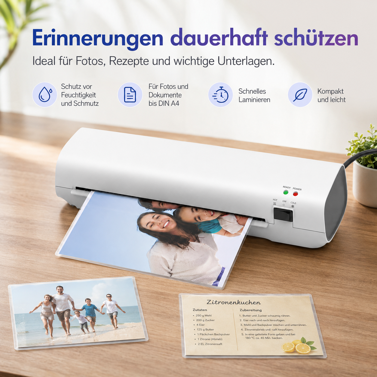 Ein weißes Laminiergerät auf einem Holztisch laminiert gerade ein Foto von lächelnden Menschen.