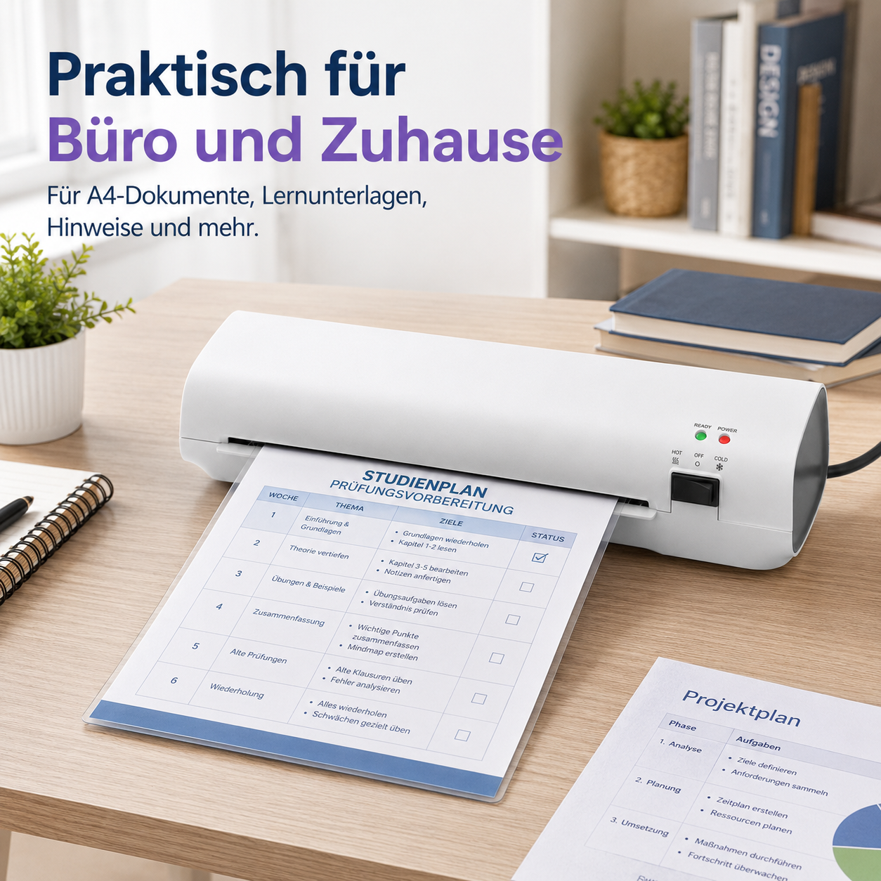 Ein weißes Laminiergerät auf einem Holztisch laminiert ein Dokument mit einer Tabelle.
