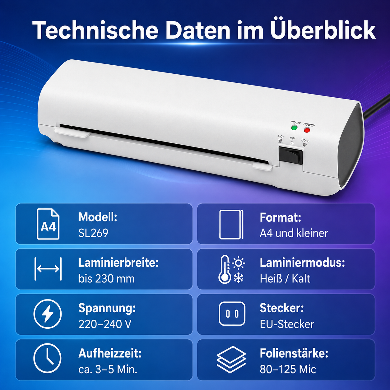 Technische Daten eines weißen SL269 Laminiergeräts auf blauem Hintergrund.