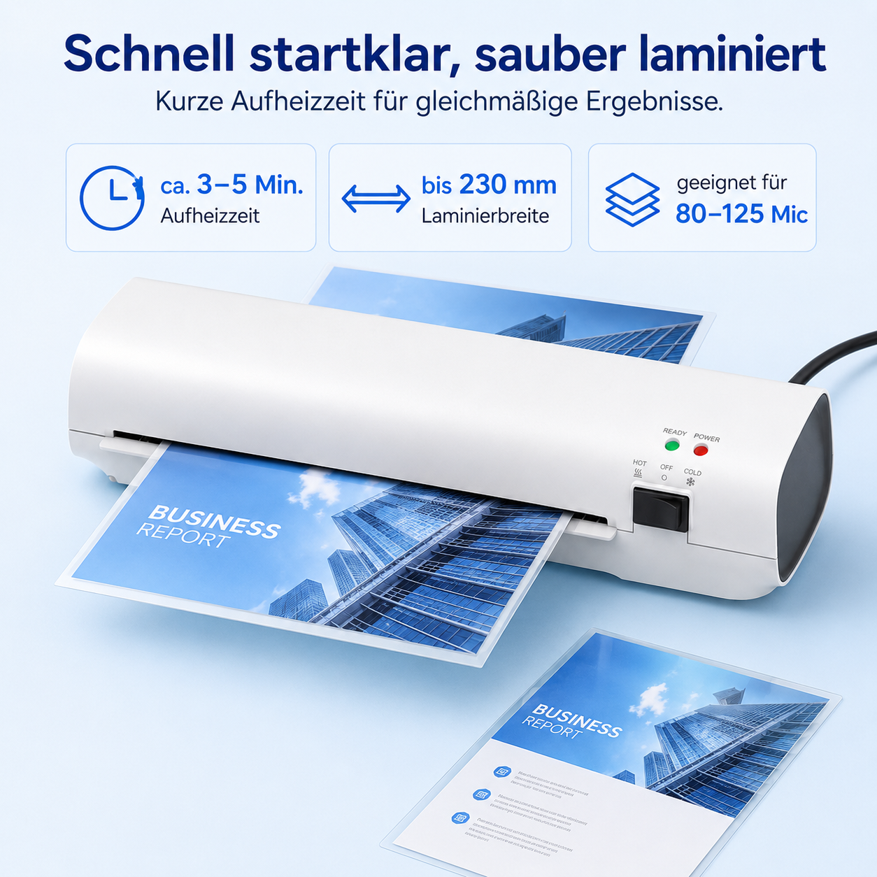 Ein weißes Laminiergerät verarbeitet ein Dokument mit der Aufschrift Business Report, darüber technische Symbole.