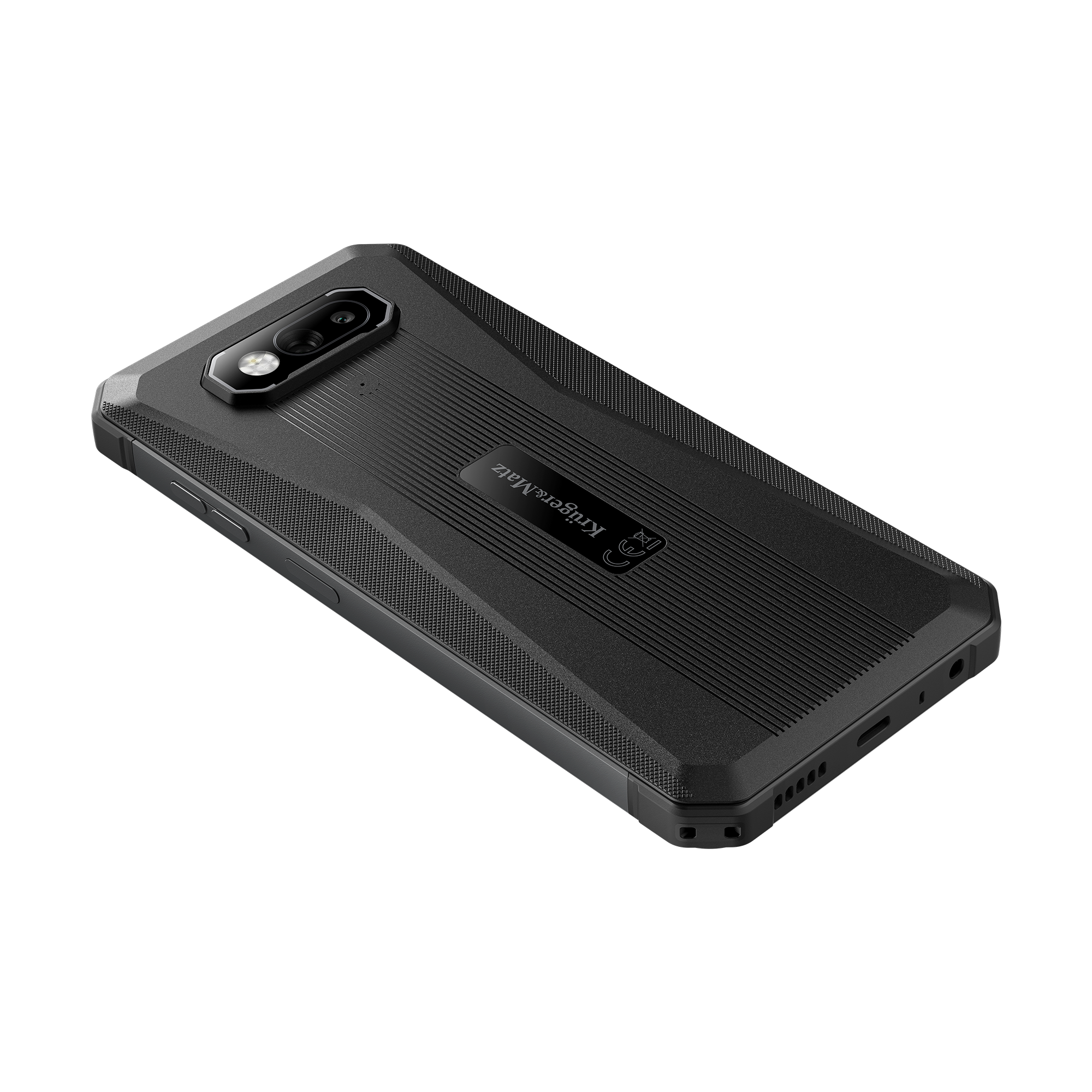 Czarny, wytrzymały smartfon z teksturowanym tyłem i podwójnym aparatem leży izolowany.