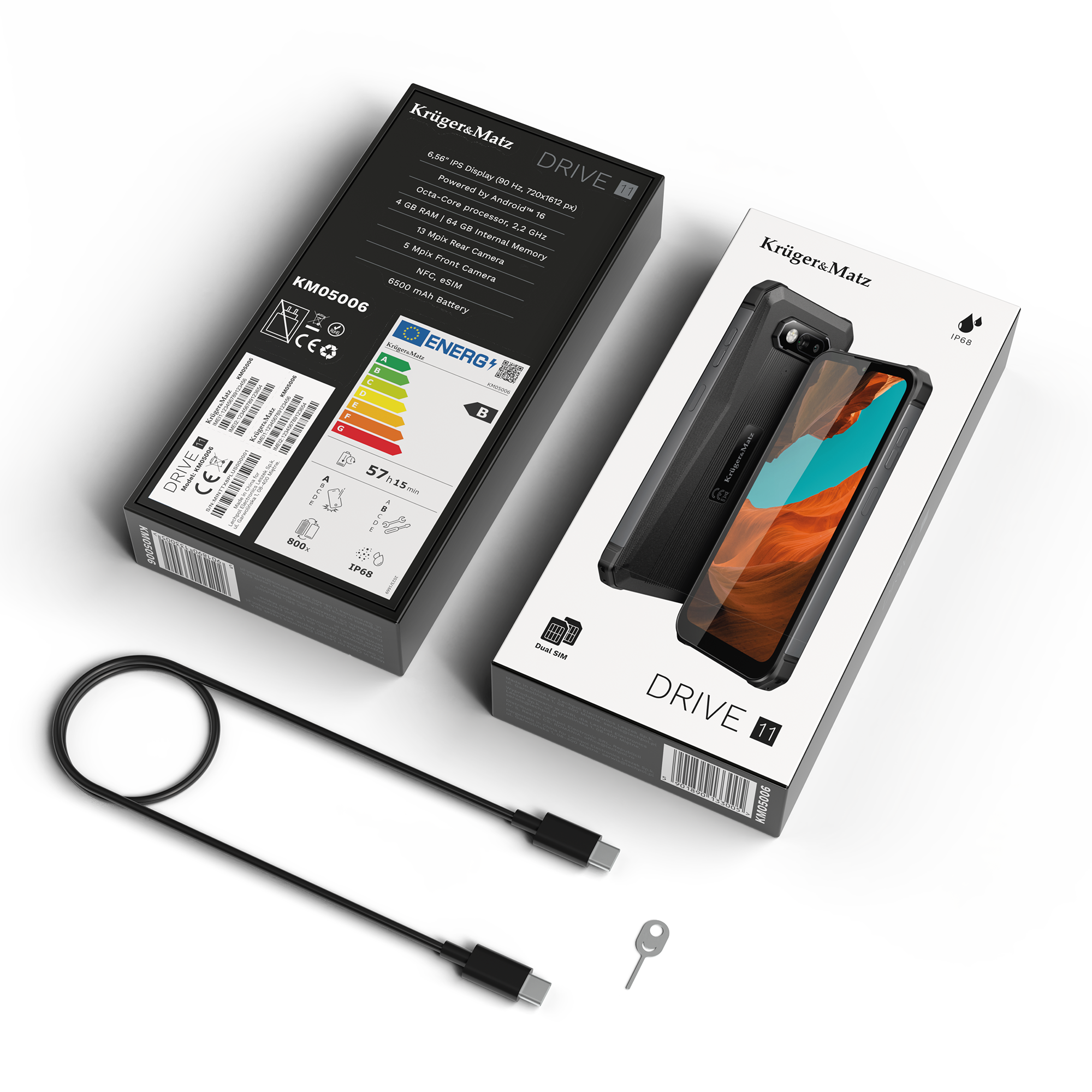 Smartfon Krüger&Matz Drive 11 w białym pudełku, z czarnym pudełkiem specyfikacji, kablem USB-C i igłą do SIM.