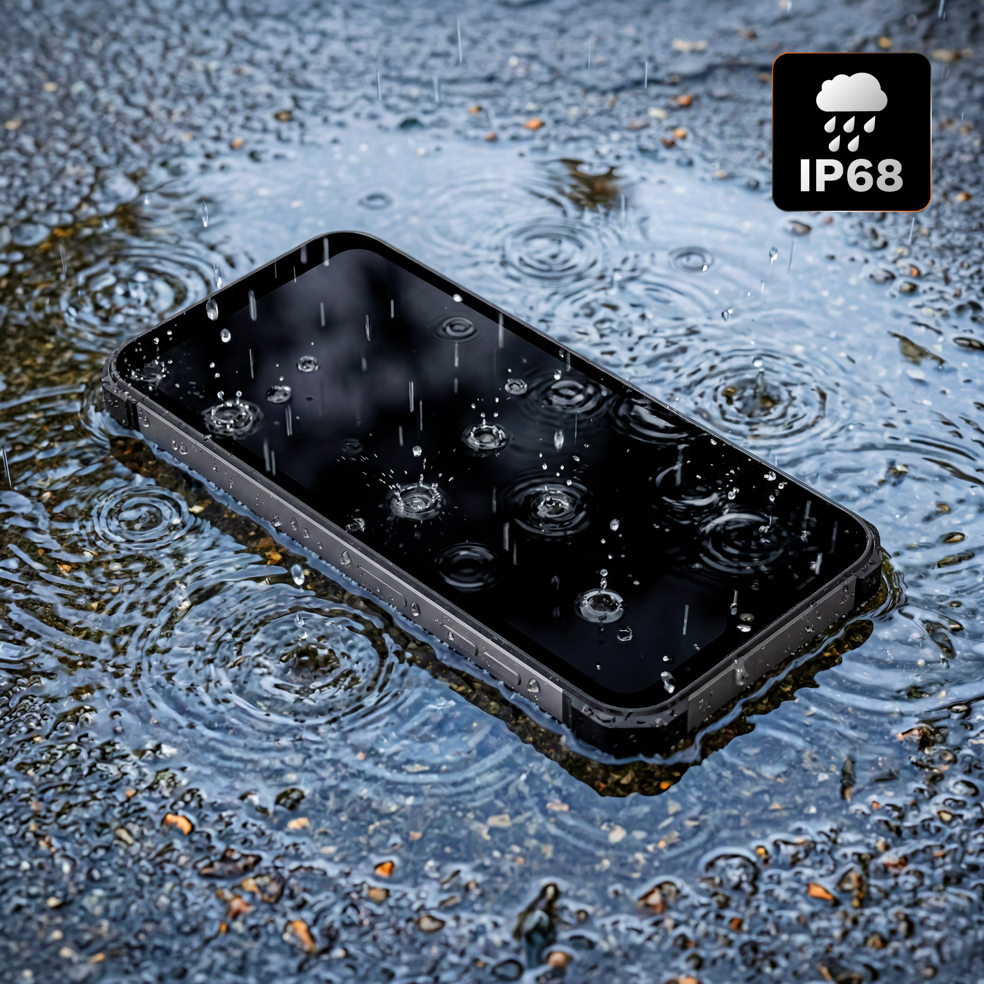 Smartfon leży w deszczowej kałuży z ikoną IP68.