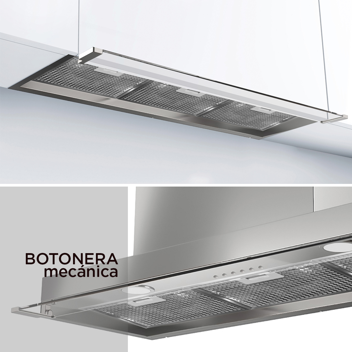 Campana extractora de acero inoxidable con filtros y botones mecánicos.