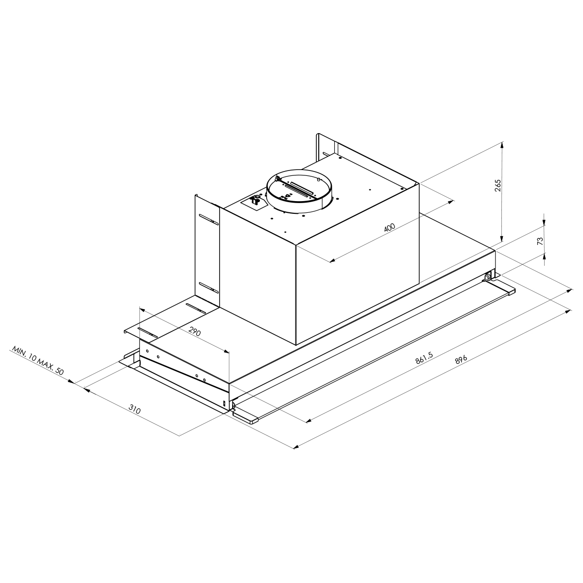 Dibujo lineal de una campana extractora con dimensiones detalladas en milímetros.