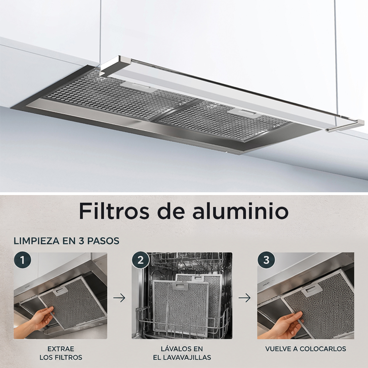 Guía en tres pasos para extraer, lavar en el lavavajillas y volver a colocar los filtros de aluminio.