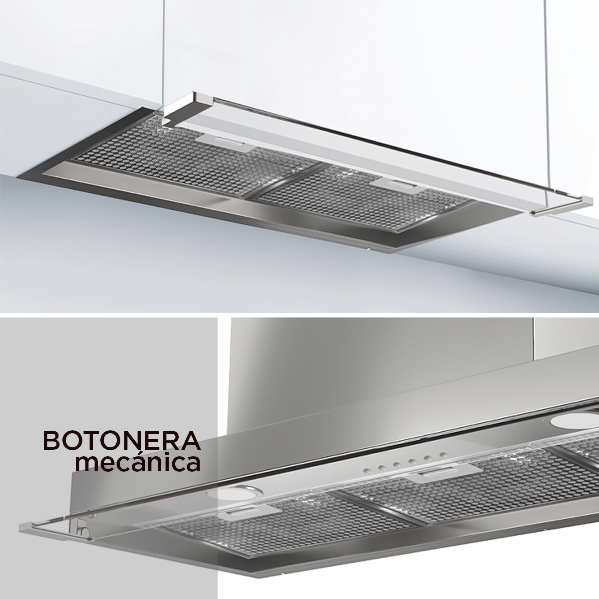 Vista inferior de una campana extractora de acero inoxidable moderna con botones mecánicos.