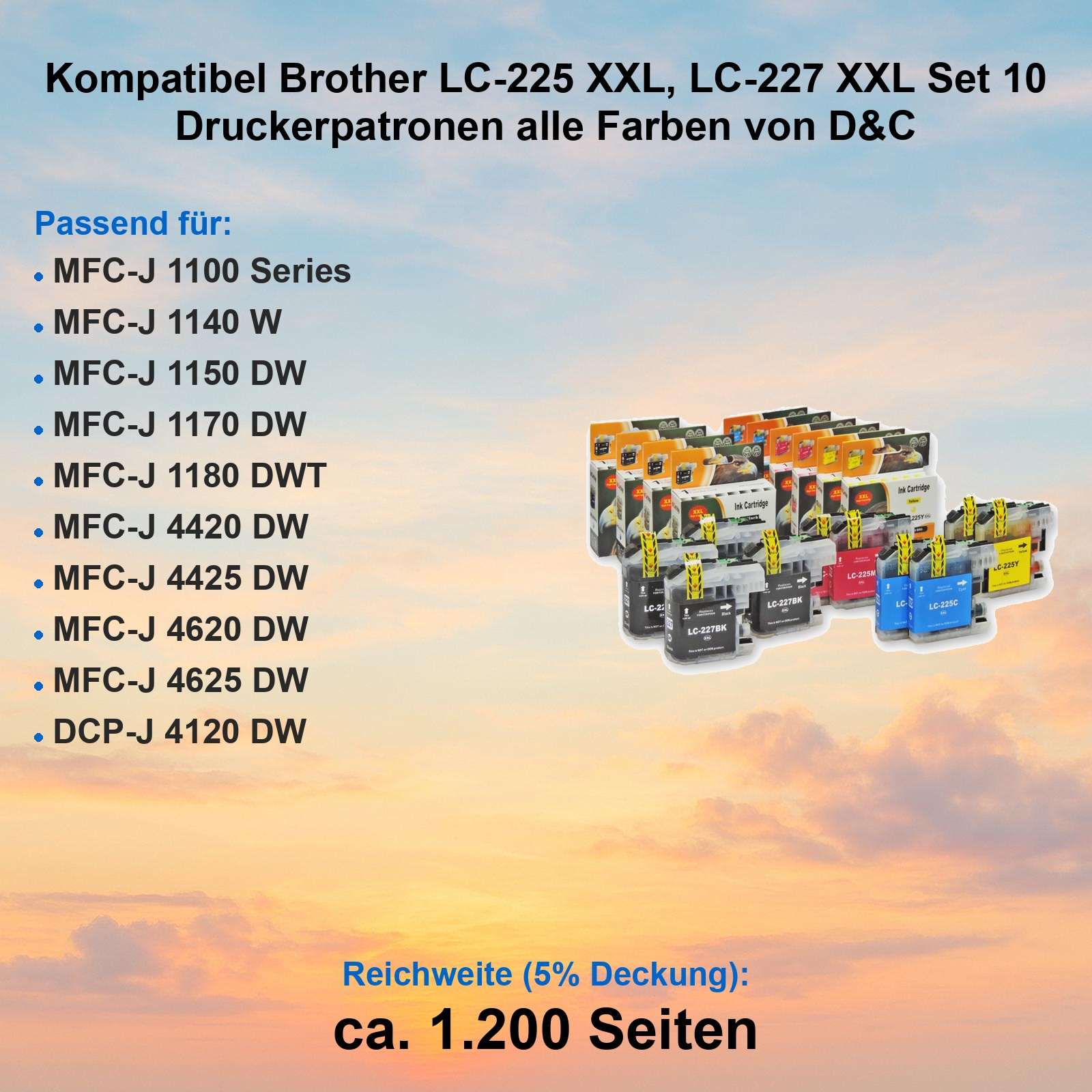 Set mit 10 kompatiblen D&C Druckerpatronen für Brother LC-225 und LC-227 vor einem farbigen Himmel.
