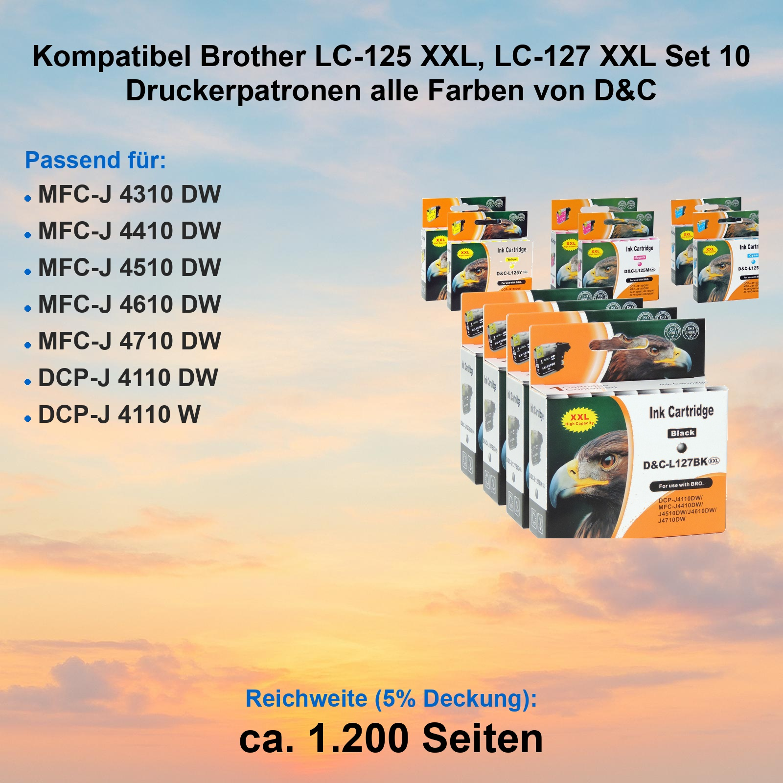 D&C Druckerpatronen-Set vor einem Wolkenhimmel mit Kompatibilitätsliste und Adler-Motiven.