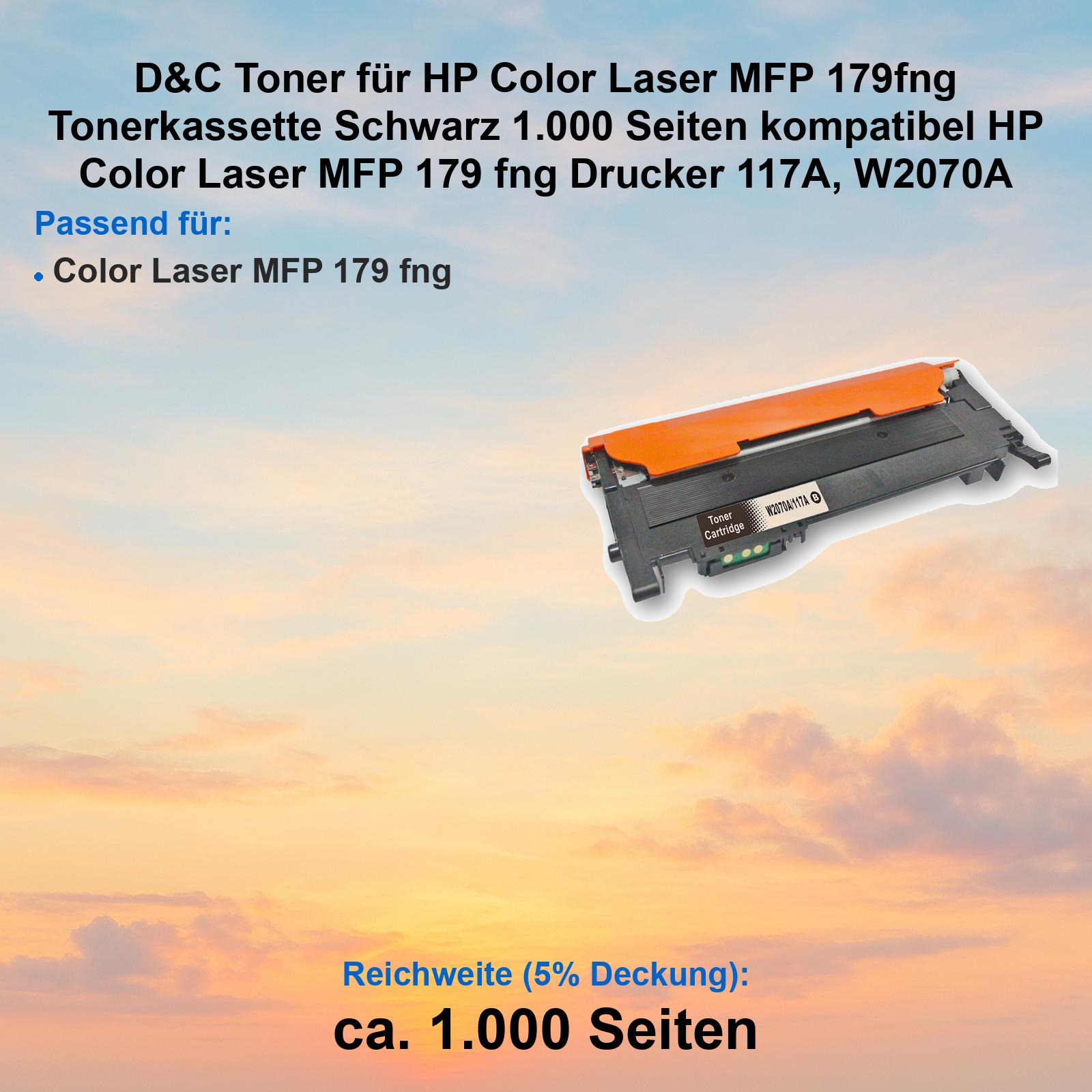 Schwarze Tonerpatrone mit orangefarbener Abdeckung vor einem Hintergrund mit Sonnenuntergang.