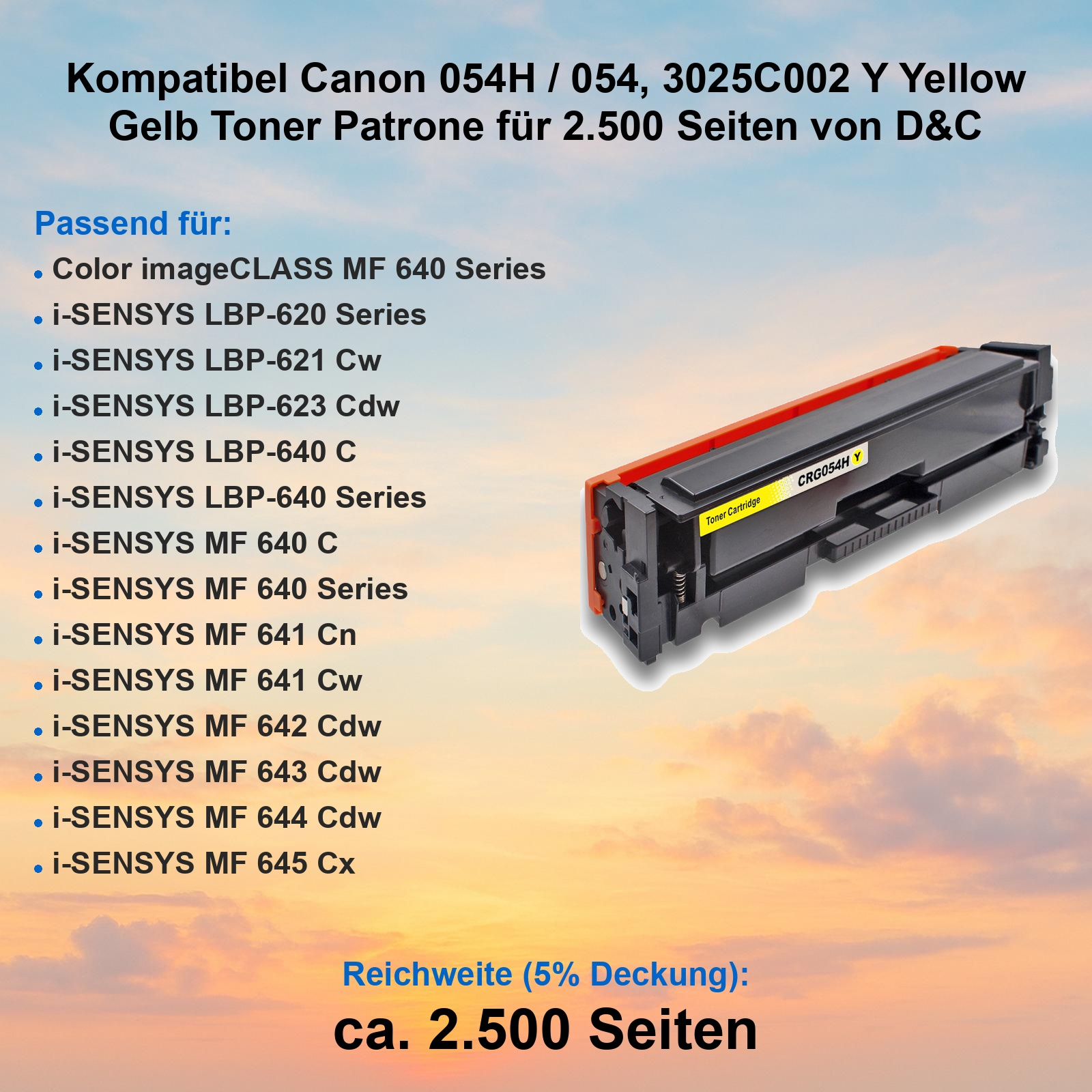 Gelbe Toner Patrone von D&C für Canon Drucker auf farbigem Hintergrund.